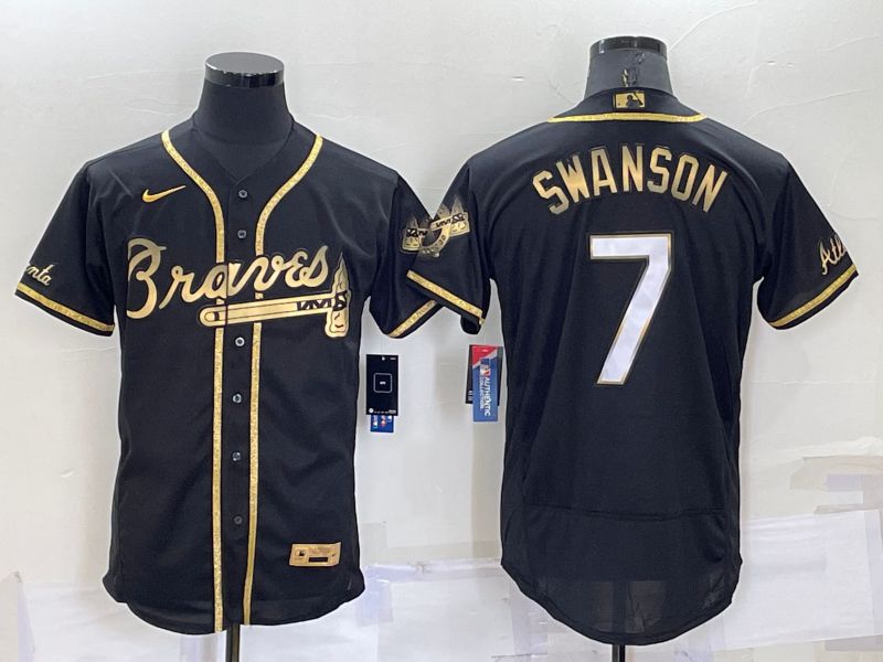 Men Atlanta Braves #7 Swanson Black Gold Elite 2022 Nike MLB Jersey